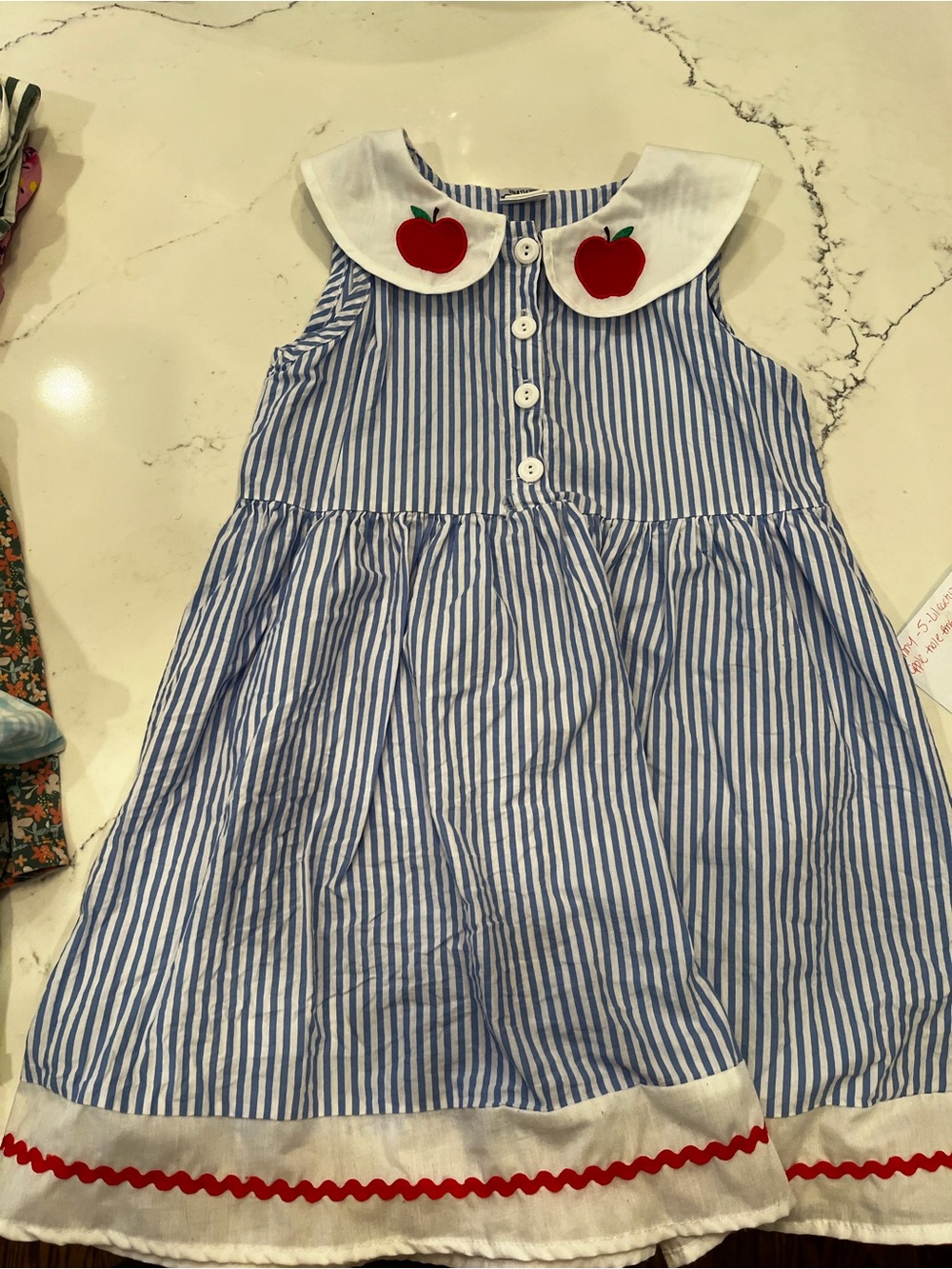 Blue & White Striped Sleeveless Dress with Apple Collar-1st day of school!